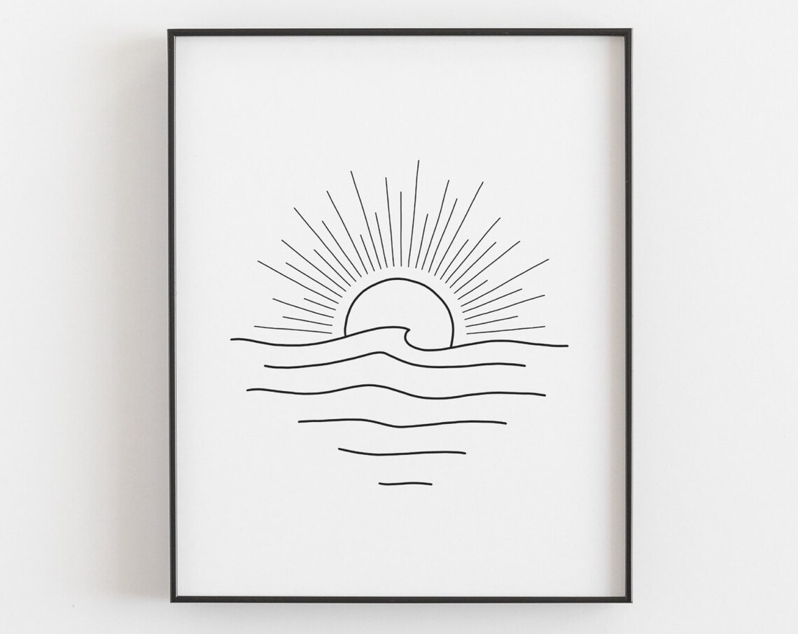 Sunset Surf Wave Line Drawing, Minimalist Beach Art Print