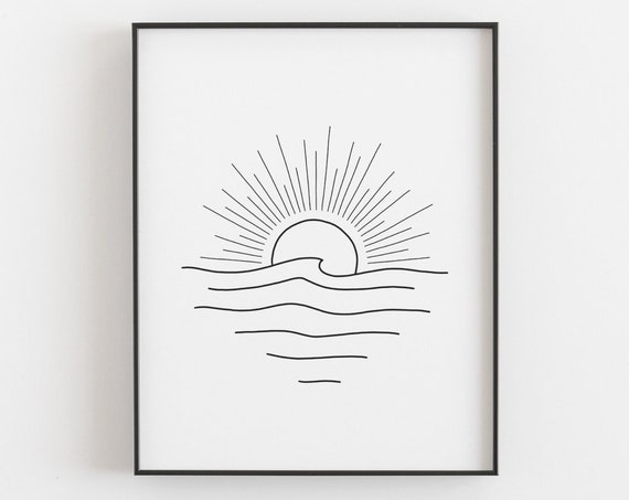 Sunset Surf Wave Line Drawing, Minimalist Beach Art Print