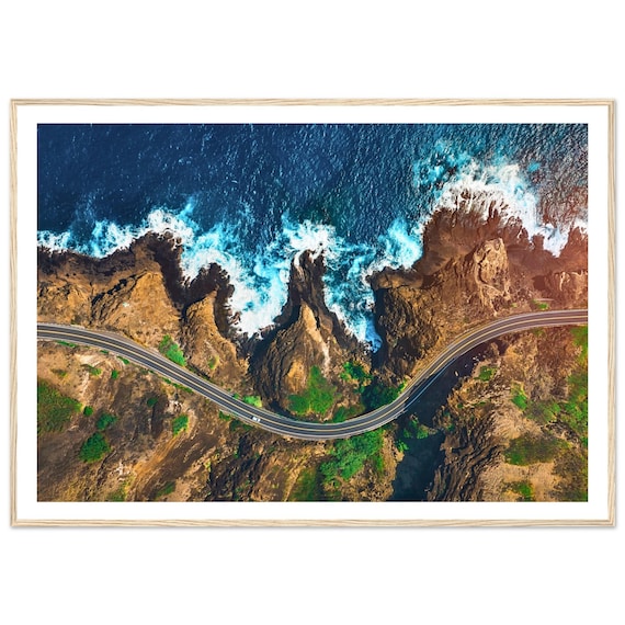 Aerial Coastal Highway Along Rocky Cliffs Ocean Waves Photo Poster