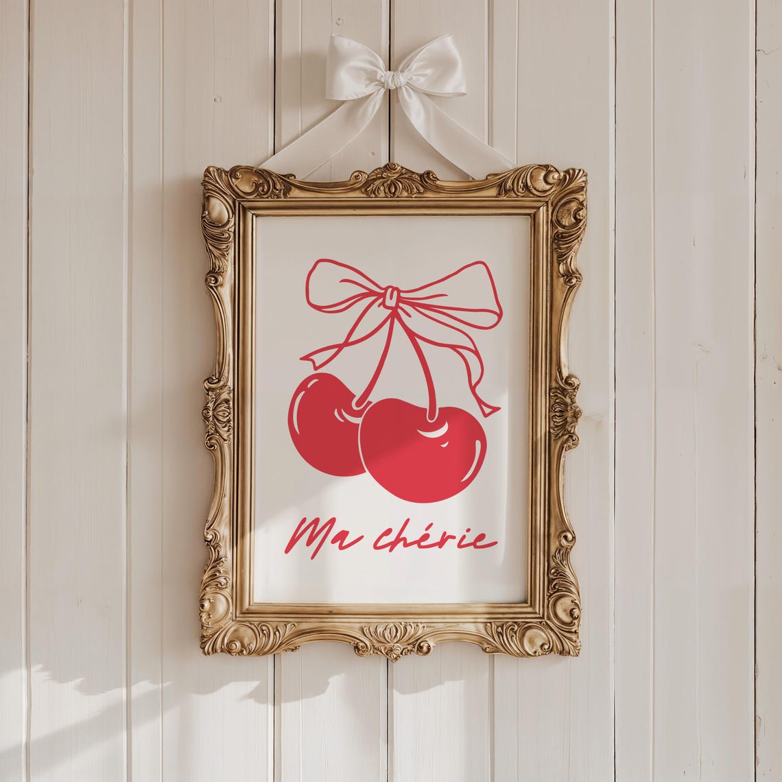 Ma Cherie Red Cherry Bow Coquette Girly Retro Dorm Wall Art Print - Image 2
