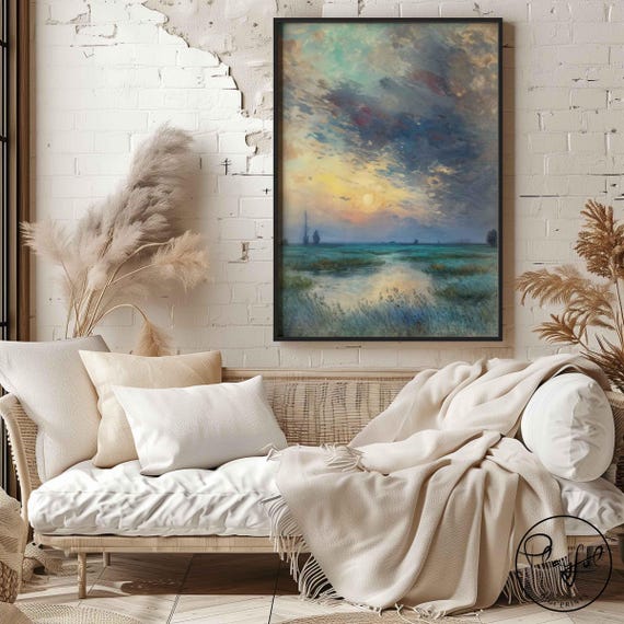 Vintage Style Oil Painting Mystical Lake Vintage Landscape Art