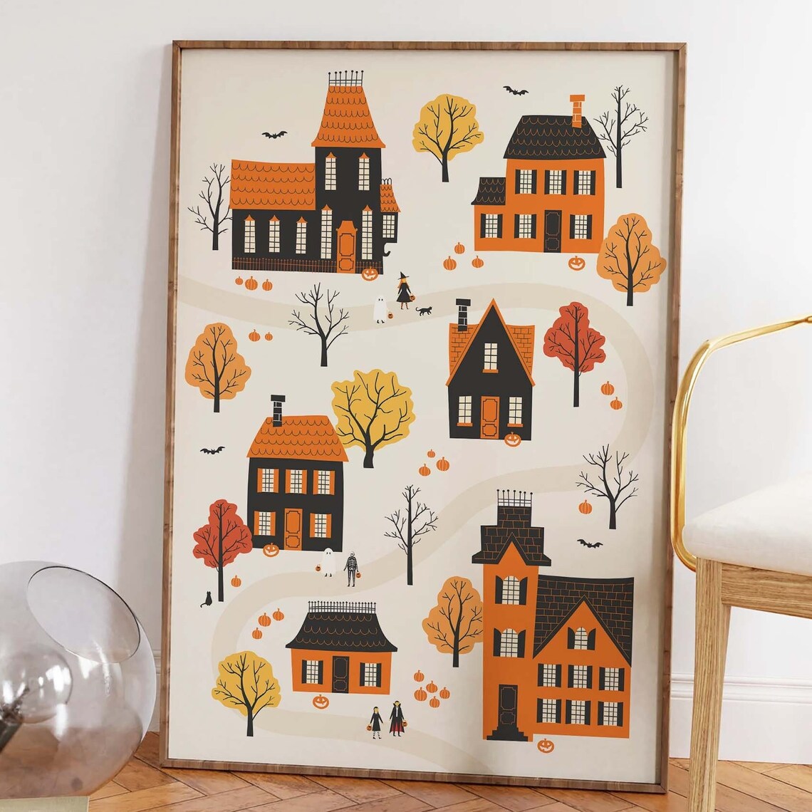 Cozy Halloween Village Haunted Houses Art Poster for Spooky Decor