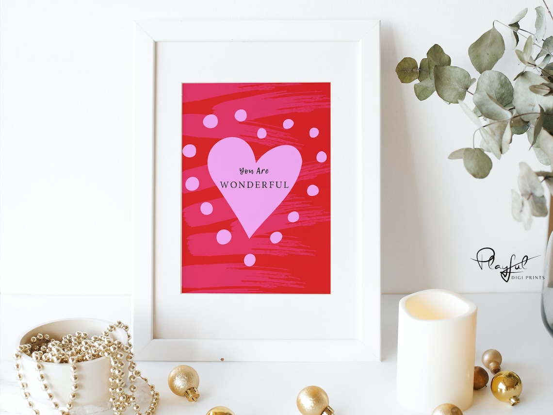 You Are Wonderful Pink Heart Quote Red Valentine Day Wall Art - Image 3