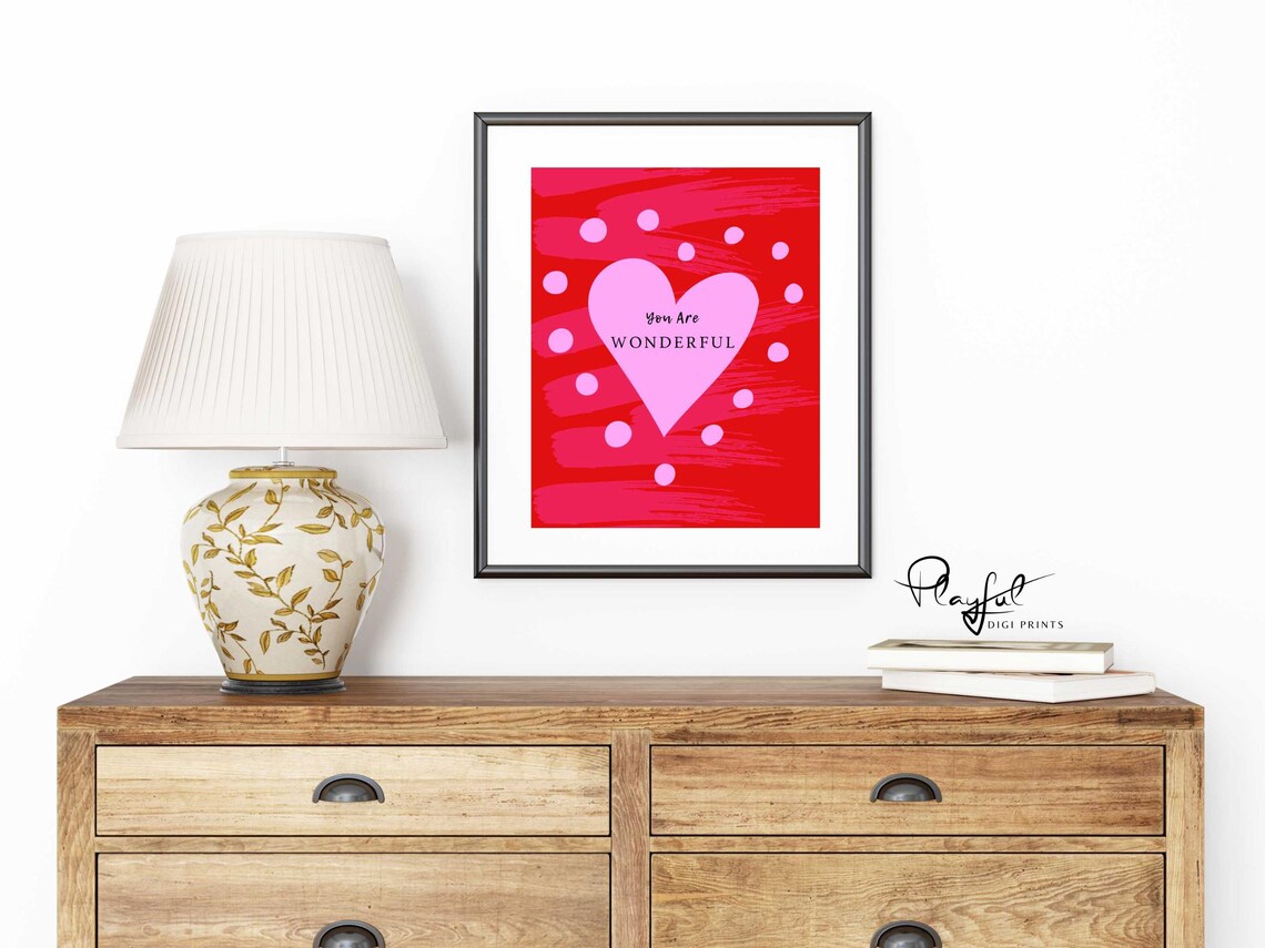 You Are Wonderful Pink Heart Quote Red Valentine Day Wall Art - Image 4
