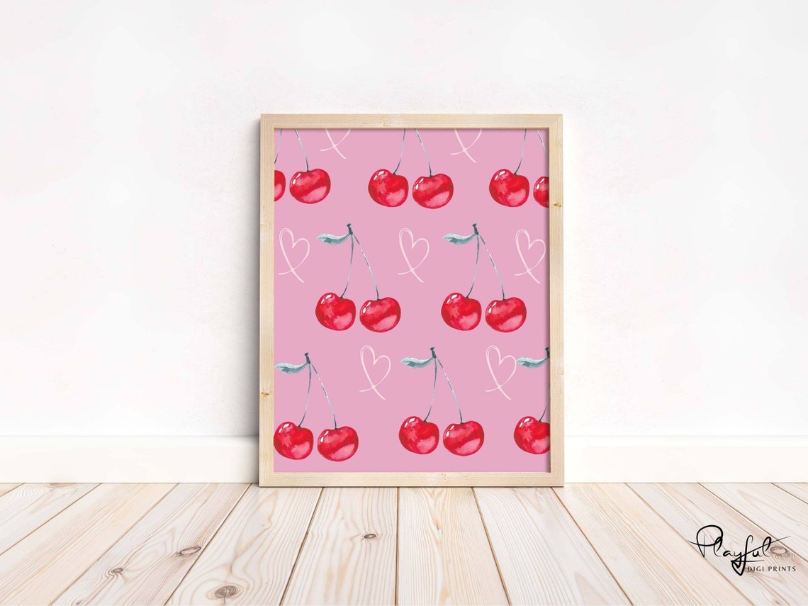 Sweet Red Cherry Watercolor Pattern Pink Background Hearts Poster - Image 3