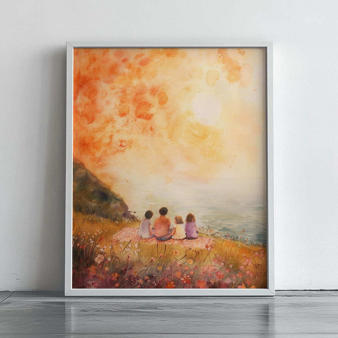 Dreamy Seaside Picnic Friends Watercolor Sunset Coast Art Poster