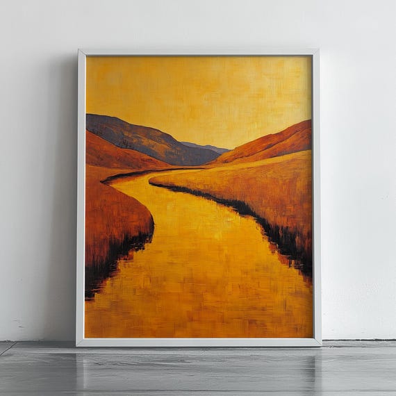 Autumn Winding River Oil Painting Moody Landscape Wall Art Rustic Fall Field Scene Golden Decor 417