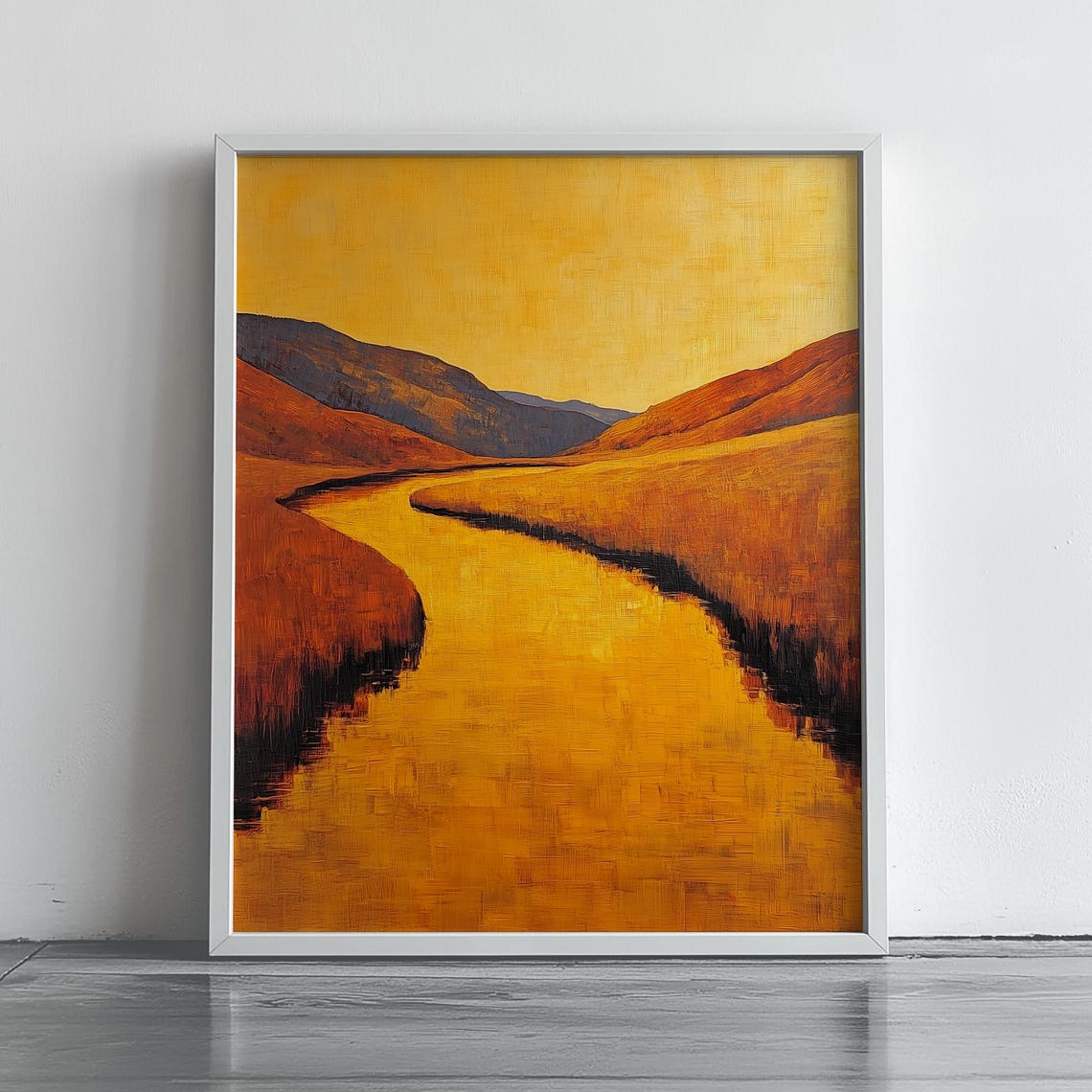 Golden River Through Sunset Hills Warm Painterly Landscape Poster