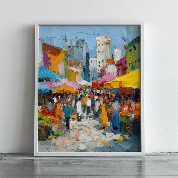 Vibrant Summer Farmers Market Crowded Street Impasto Oil Painting Print