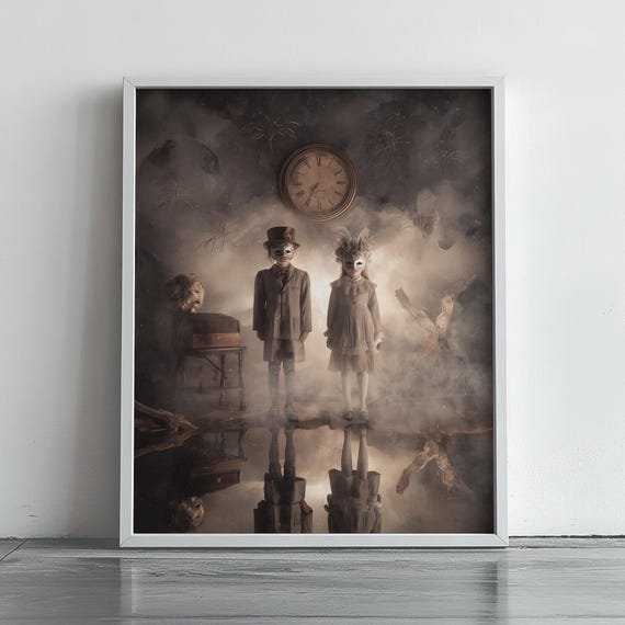Spooky Masked Figures Sepia Surreal Vintage Halloween Haunted Scene Poster