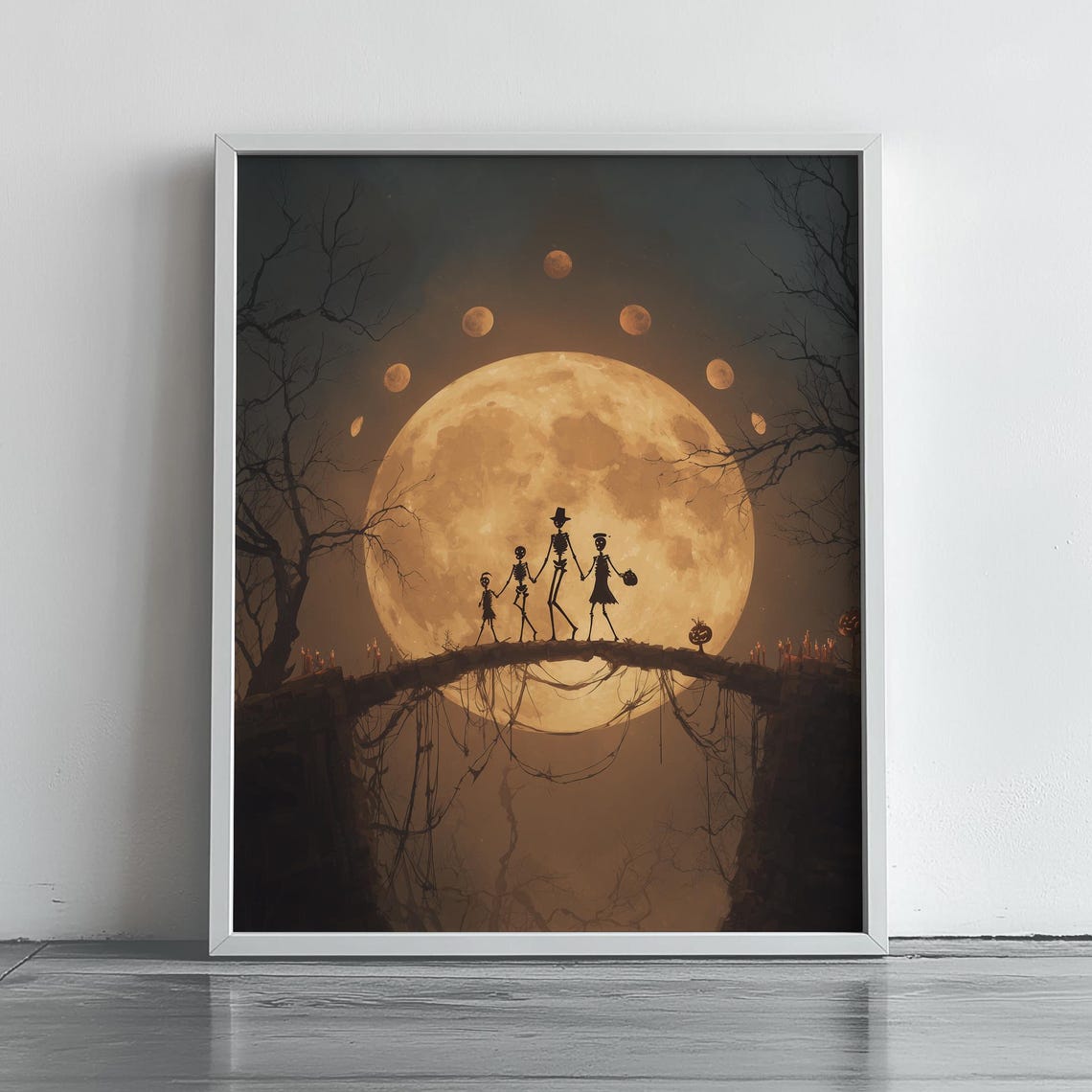 Skeleton Family Under Giant Harvest Moon Bridge Halloween Art Poster