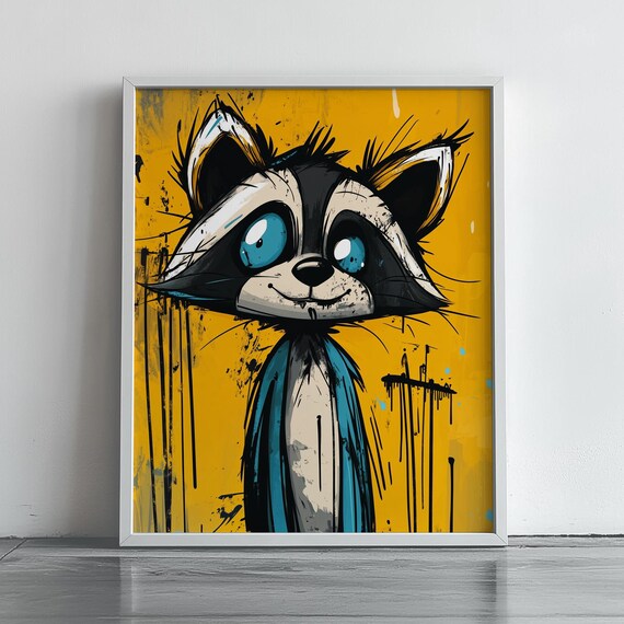Vibrant Raccoon Abstract Wall Art Funky Animal Portrait Quirky Home Decor Bold Artistic Expression Painting 268