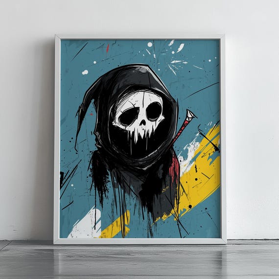 Abstract Grim Reaper Art Print Moody Halloween Decor Spooky Modern Wall Dark Skull Painting Gothic Illustration 242