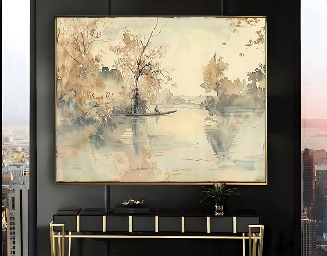 Lone Fisherman in a Canoe on a Misty Autumn Morning Lake Poster