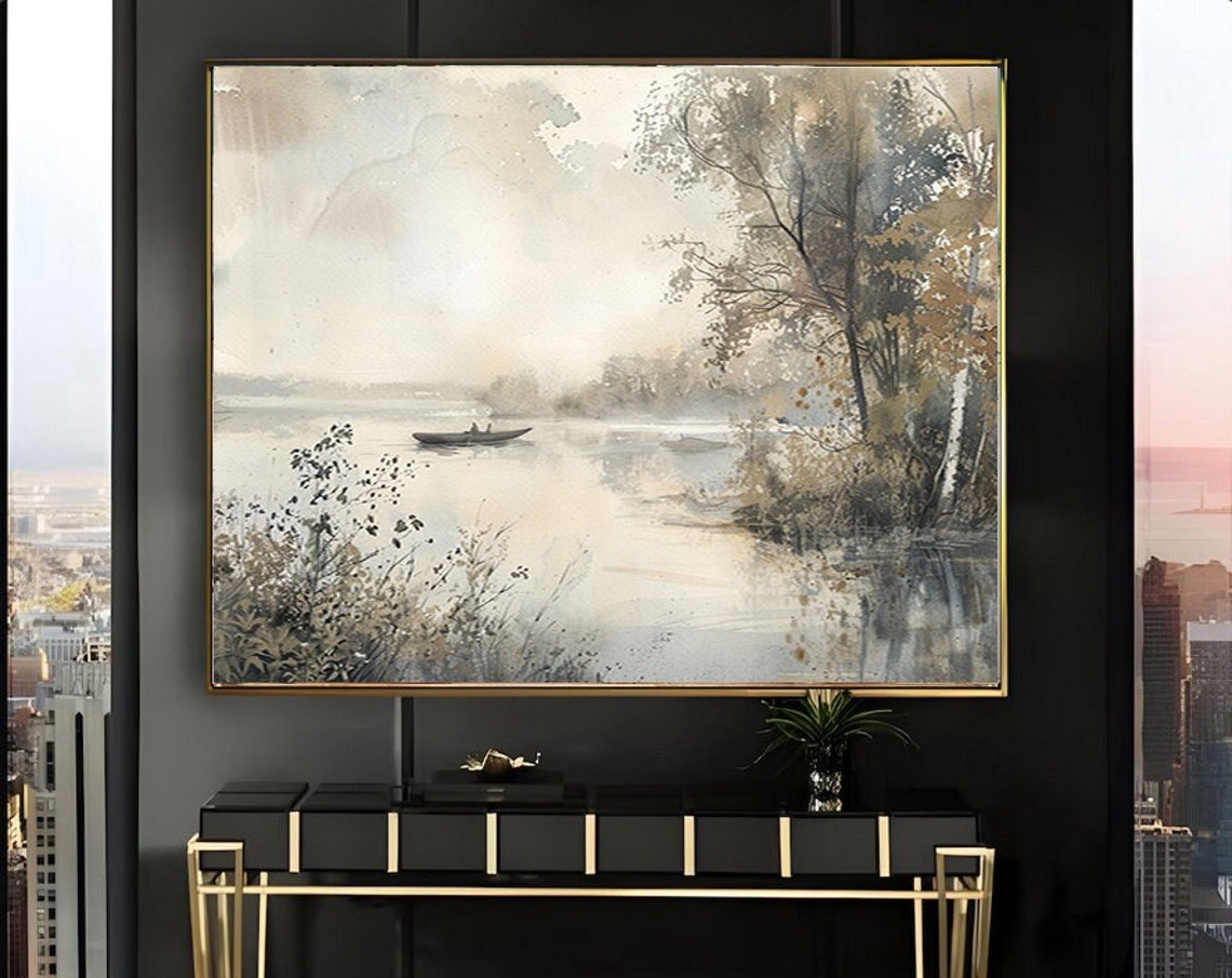 Misty Gray Morning Lake Scene with a Lone Boat Watercolor Poster