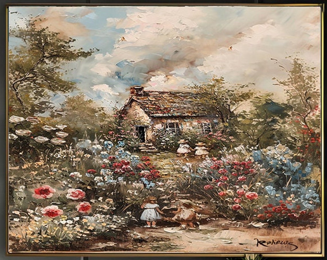 Girl Picking Roses in Lush Cottage Garden Under Stormy Sky Poster - Image 2