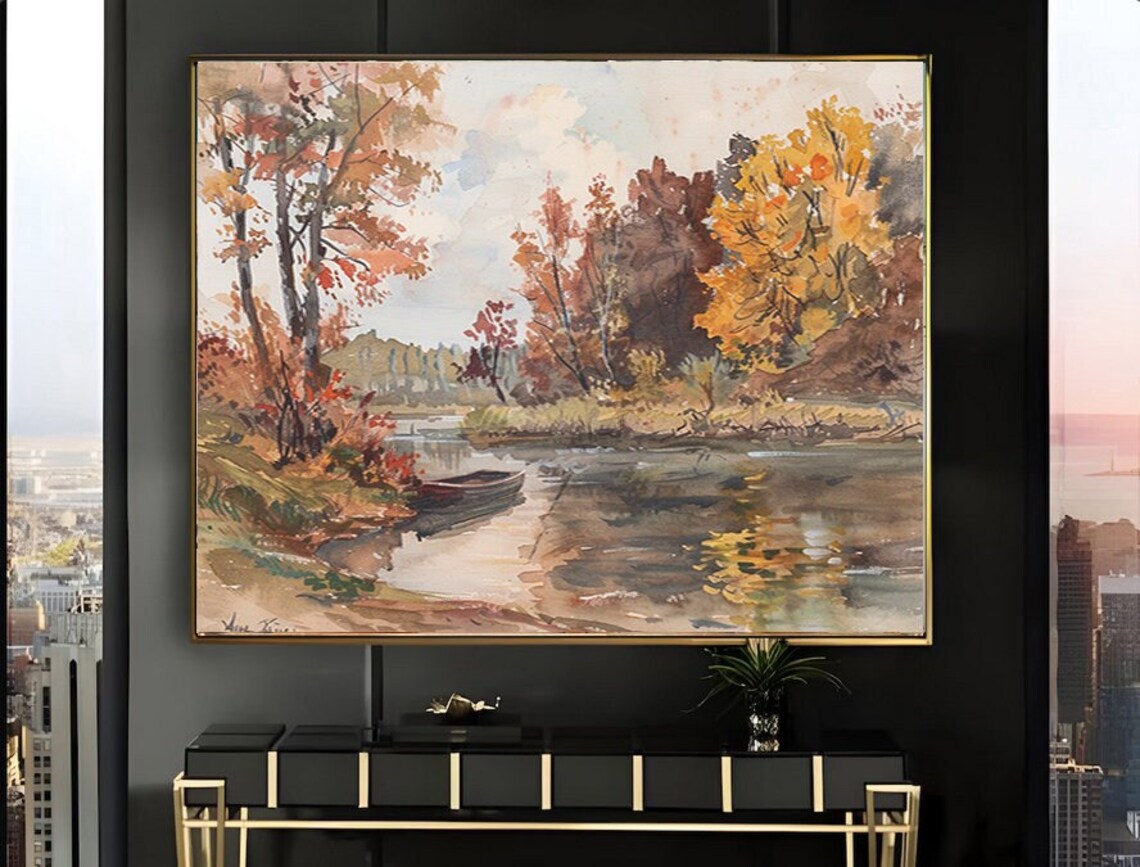 Autumn Cove Scene with Moored Rowboat Watercolor Painting Poster