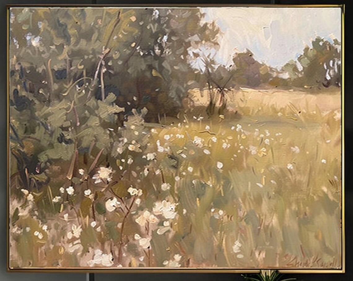 Wildflower Meadow Landscape in Vintage Oil Painting Wall Art - Image 2