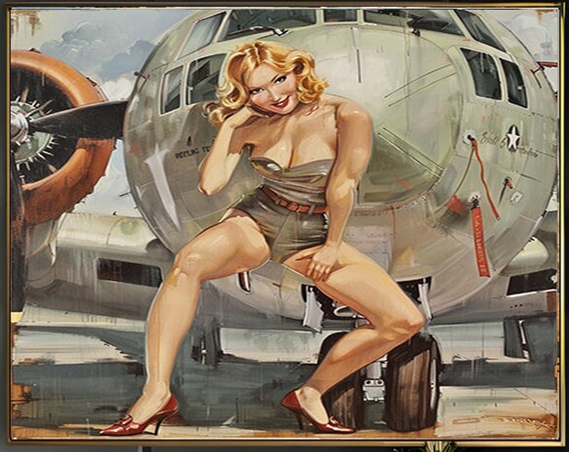 Blonde Pinup Leaning on an Airplane Nose Vintage Style Poster - Image 2