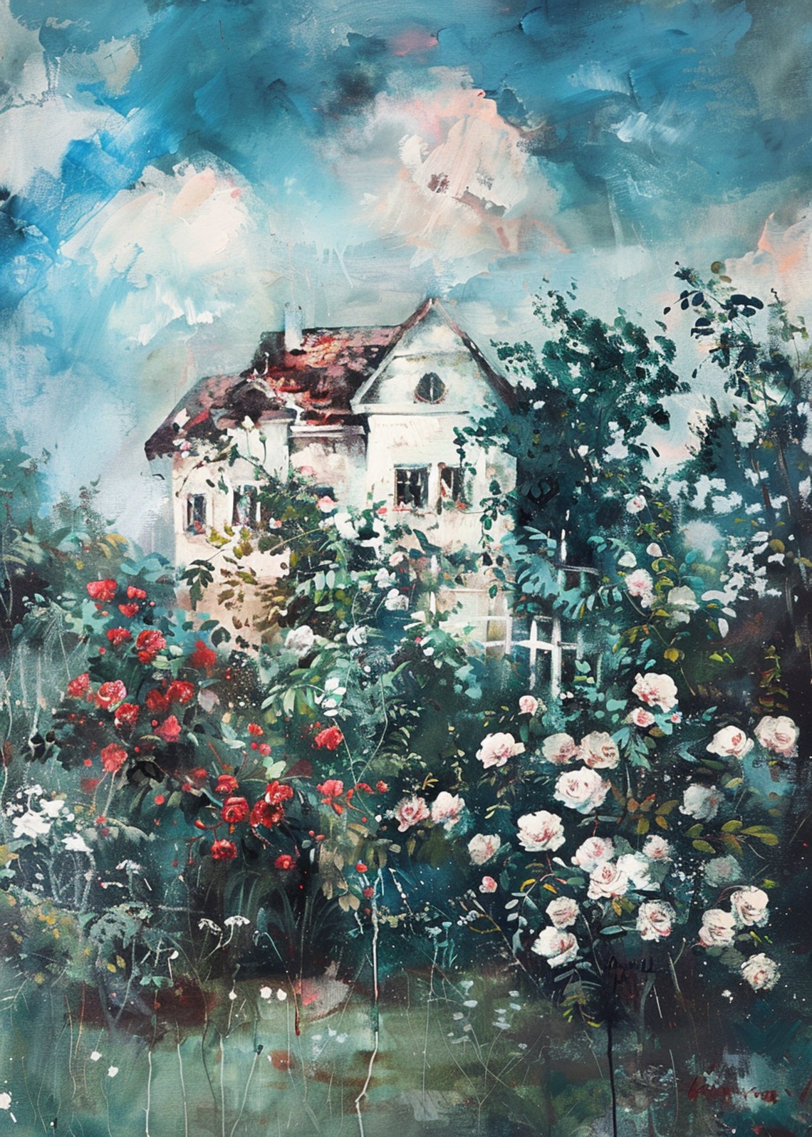 White Villa Red Tile Roof Surrounded by Red White Roses Poster - Image 3