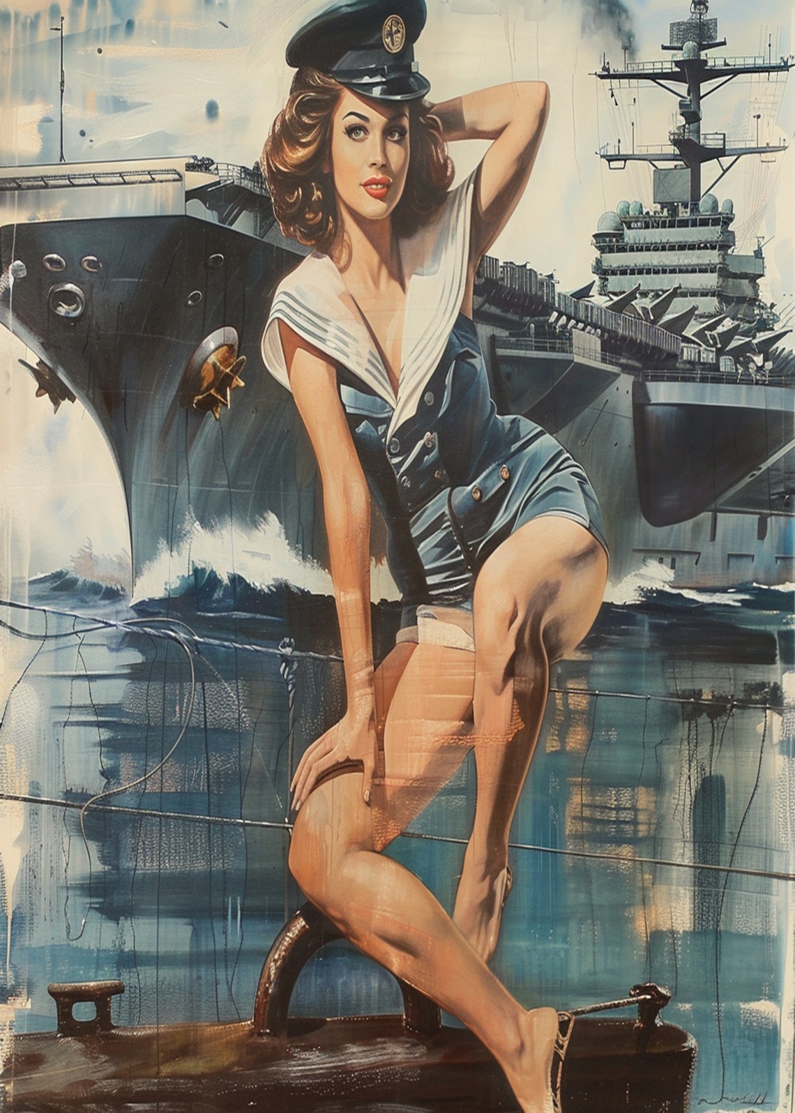 Sailor Pinup Girl with Aircraft Carrier Vintage Style Poster - Image 3