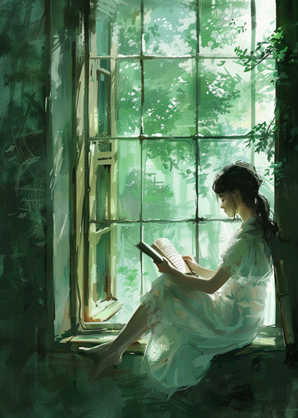 Woman Reading by a Sunlit Window Framed with Ivy Vines Poster - Image 2