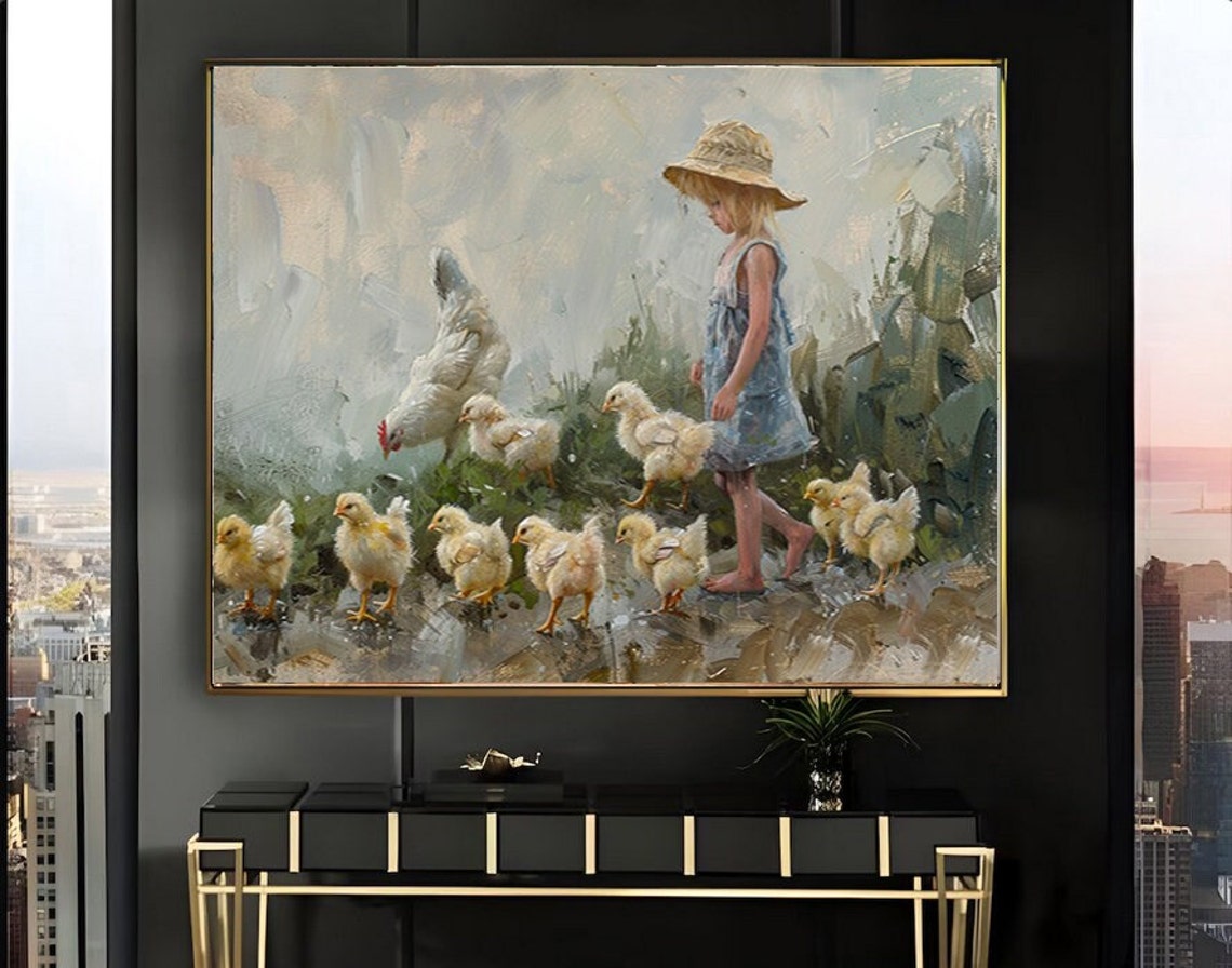 Barefoot Girl with a Hen and Baby Chicks in Rain Painting Poster