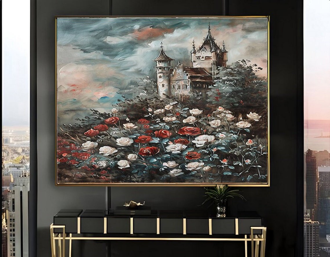 Twin Spired Castle on Hill Above Red White Rose Field Poster