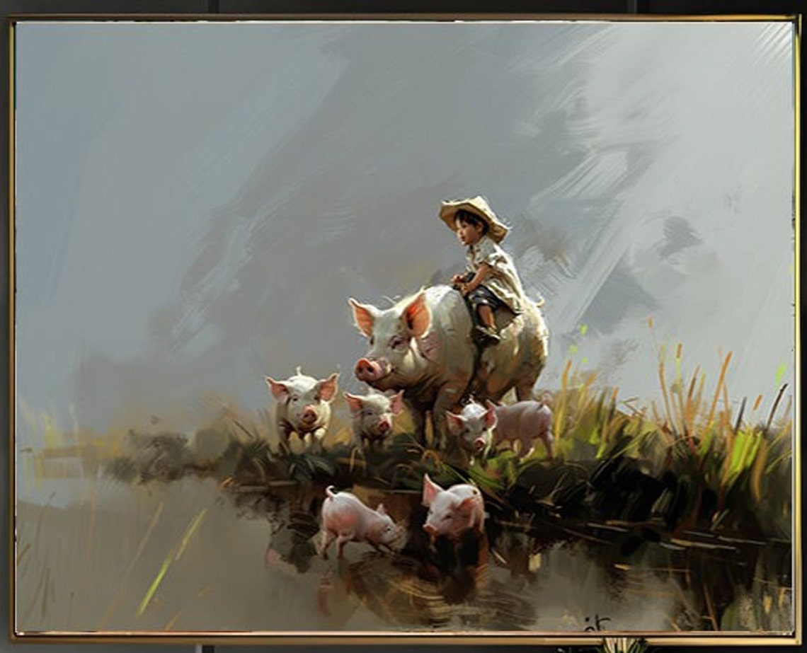 Boy Riding a Pig at the Water Edge with Piglets Painting Poster - Image 2