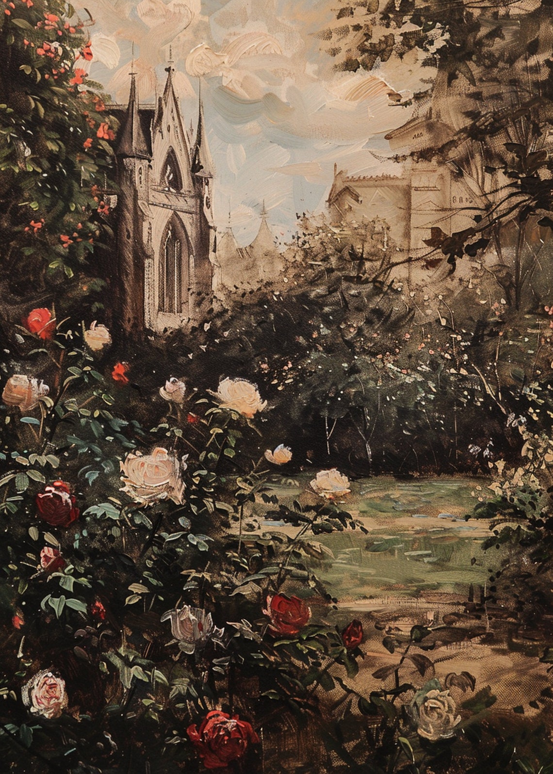 Gothic Chapel Beside Lake Red White Roses Misty Morning Poster - Image 3
