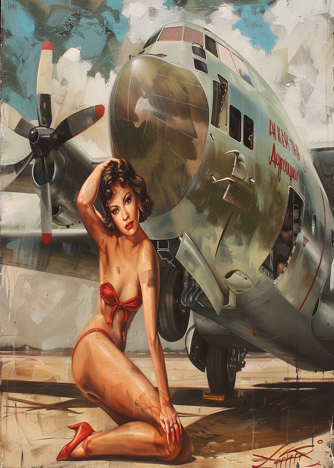Pinup Girl in a Red Bikini Kneeling by a Propeller Plane Poster - Image 3