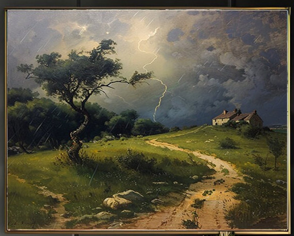 Farmhouse on Green Hill Under Thunderstorm Lightning Sky Poster - Image 2