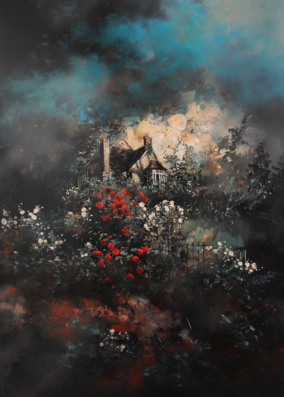 Moody Night Rose Garden Cottage Teal Sky Red White Roses Poster - Image 3