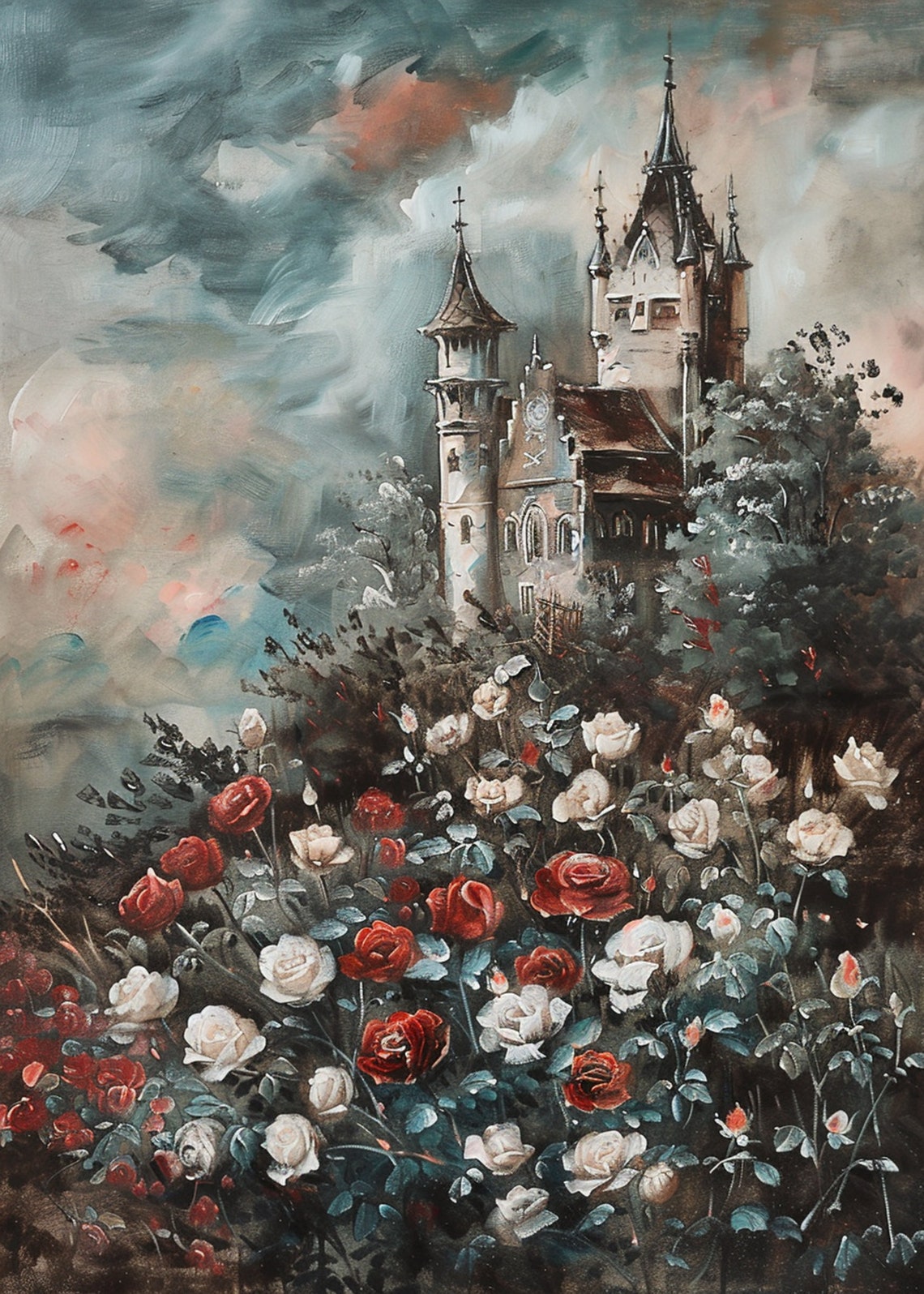 Twin Spired Castle on Hill Above Red White Rose Field Poster - Image 3