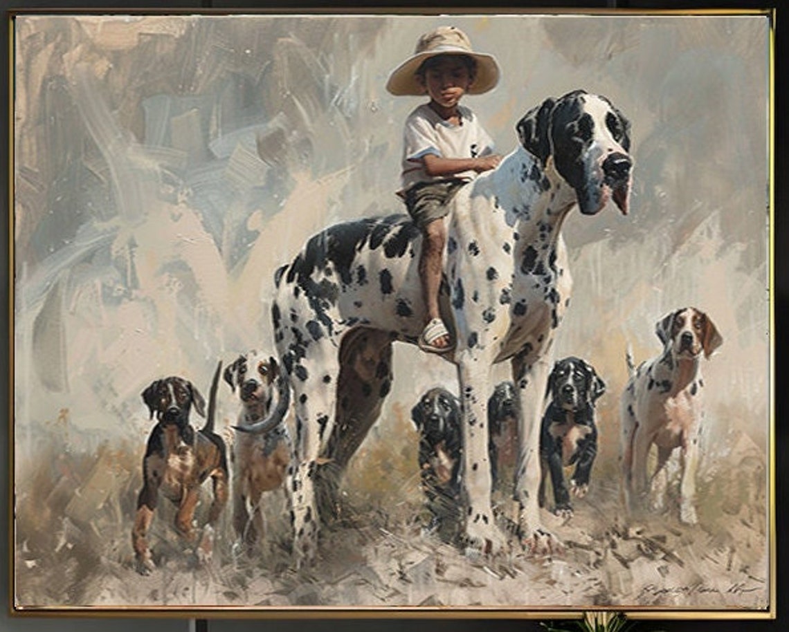 Boy Riding a Great Dane with Hounds Around Him Oil Art Poster - Image 2