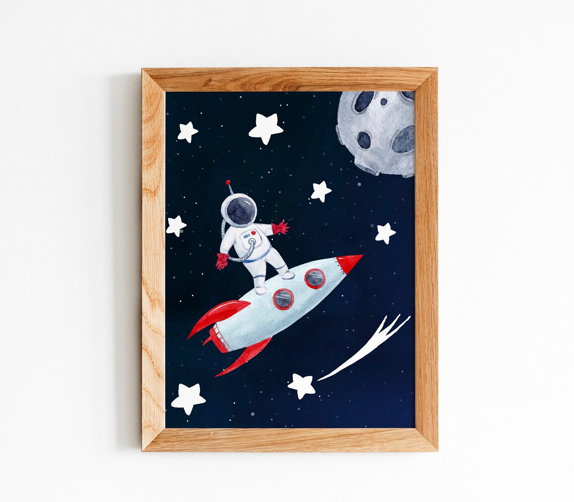 Astronaut Standing on Earth Starry Night Watercolor Art Poster - Image 2