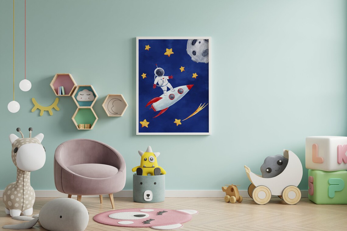 Astronaut on Rocket Navy Blue Watercolor Space Nursery Poster