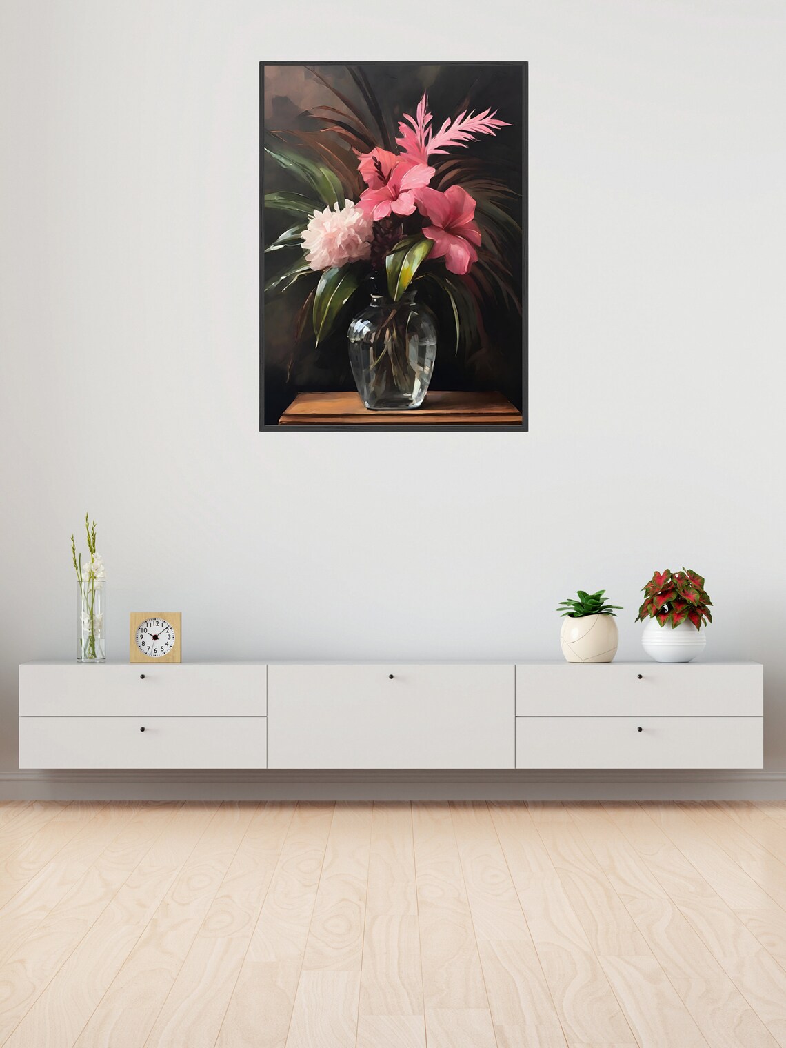 Pink Hibiscus Tropical Bouquet Glass Vase Dark Moody Painting Poster - Image 3