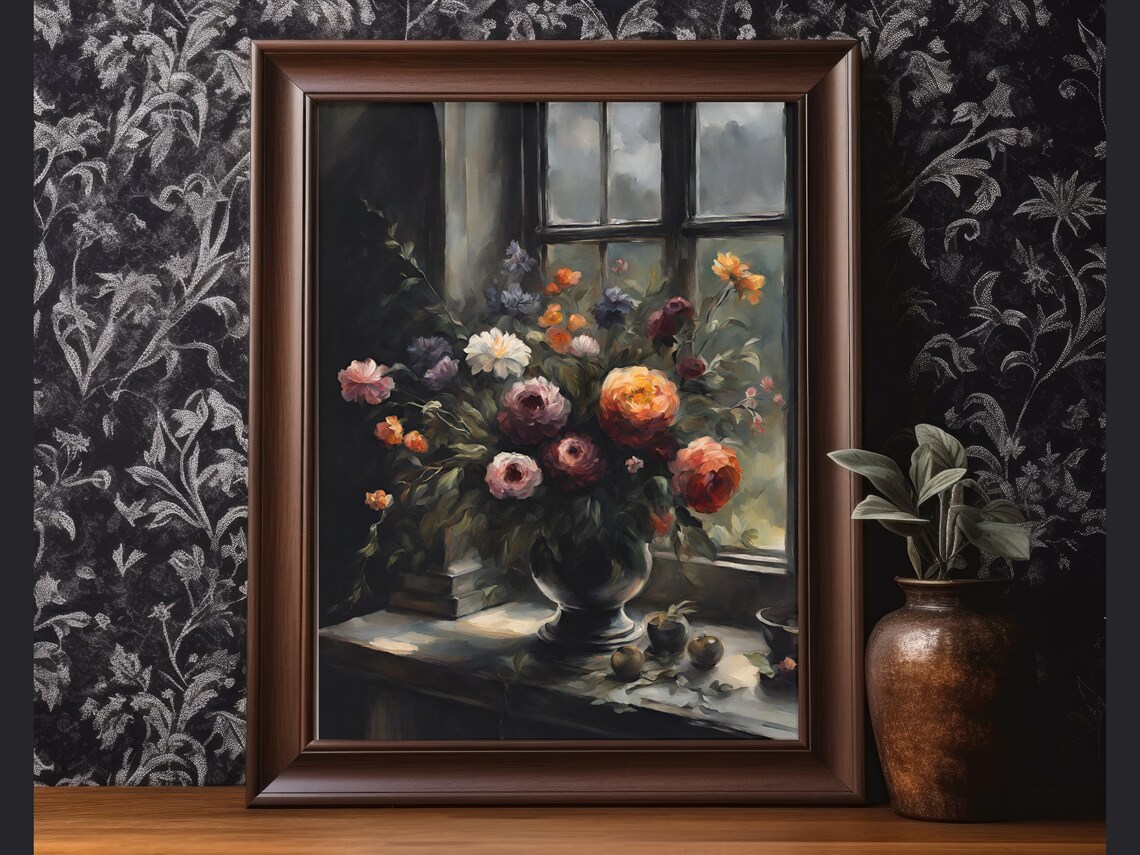 Moody Peony Bouquet Windowsill Vintage Dark Floral Still Life Poster - Image 2