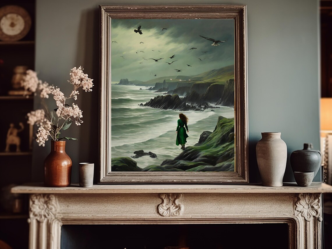 Woman Green Dress Stormy Rocky Coast Seabirds Moody Painting Poster - Image 5