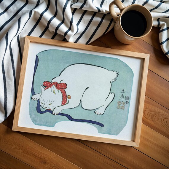 Vintage Japanese White Cat Woodblock Art in Ukiyo-e Style Poster