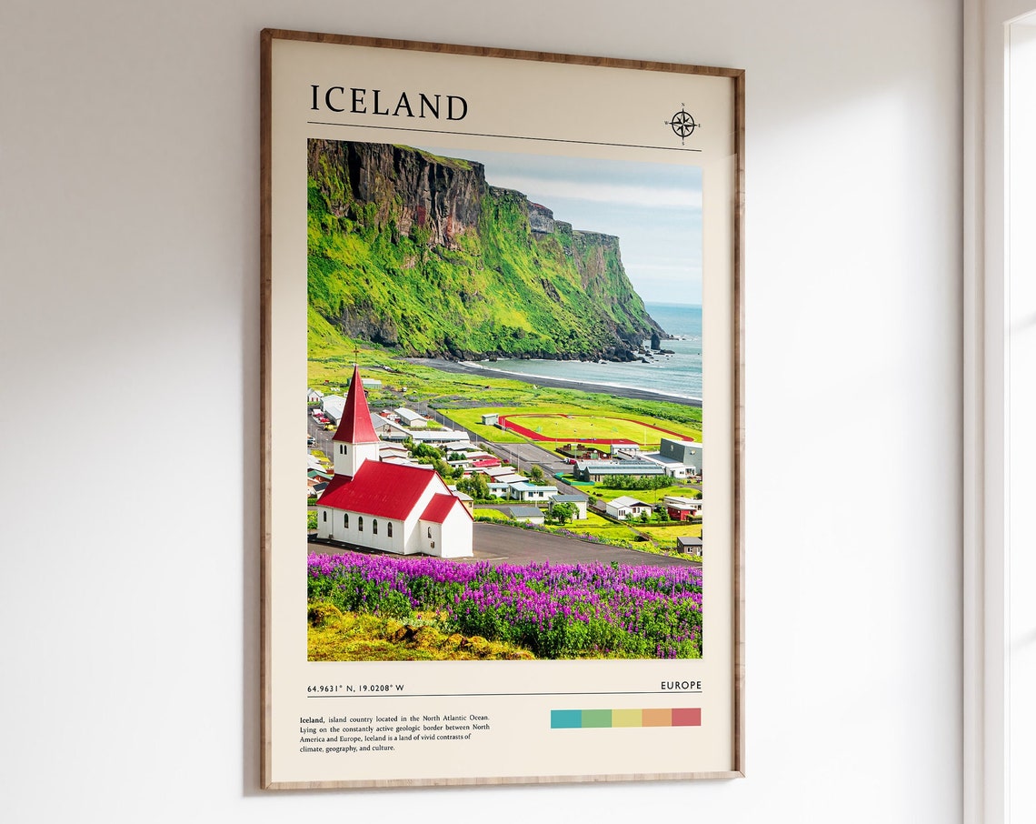 Iceland Travel Guide Church Black Beach Cliffs Coordinates Poster