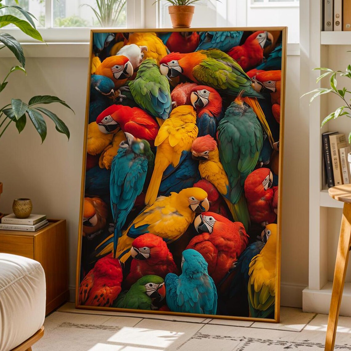 Vibrant Flock of Colorful Macaw Parrots Tropical Bird Art Poster