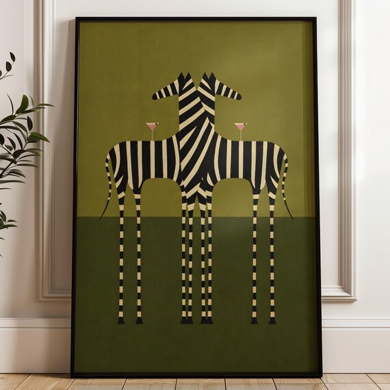 Abstract Zebra Couple Wall Art Martini Glasses Poster Minimalist Dopamine Decor Digital Download