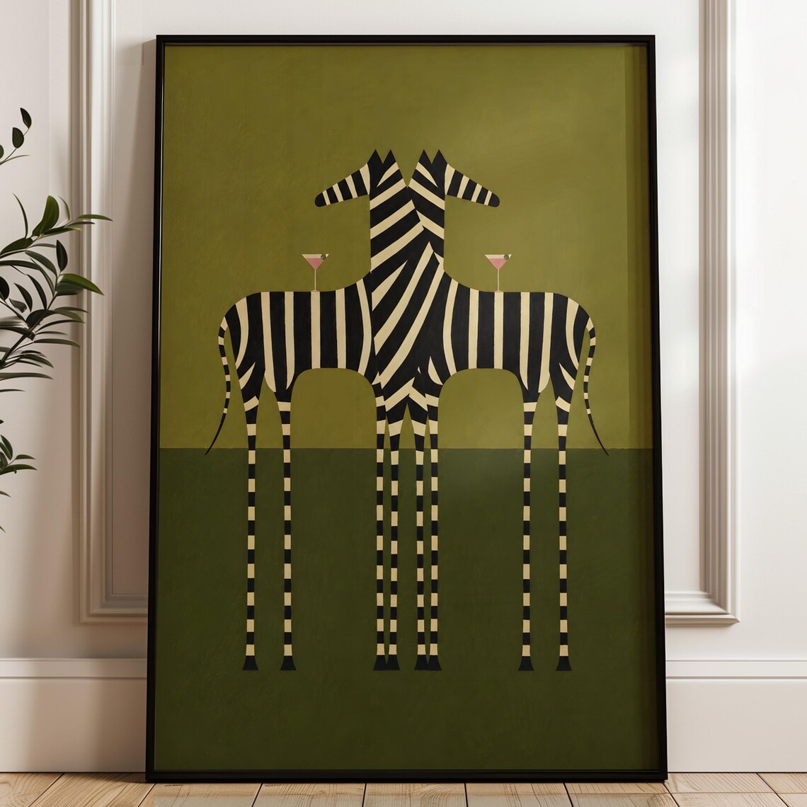 Abstract Zebra Couple with Martini Glasses Green Whimsical Poster