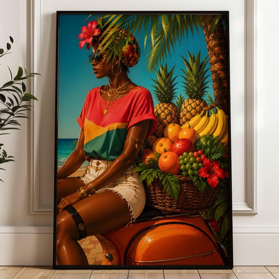 Afrocentric Colorful Wall Art Maximalist Dopamine Decor Tropical Black Woman Print Digital Download
