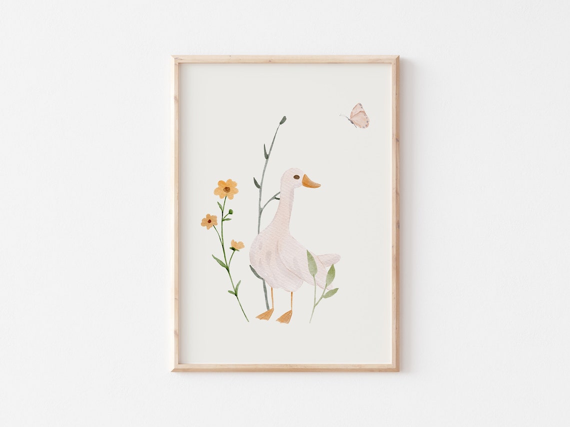 White Duck With Orange Wildflowers Watercolor Nursery Poster - Image 4