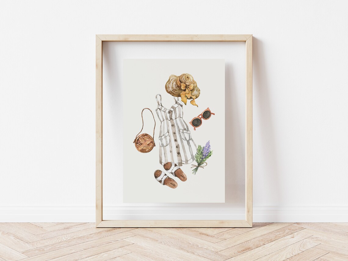 Striped Sundress Straw Hat Rattan Bag Summer Outfit Watercolor Poster - Image 5