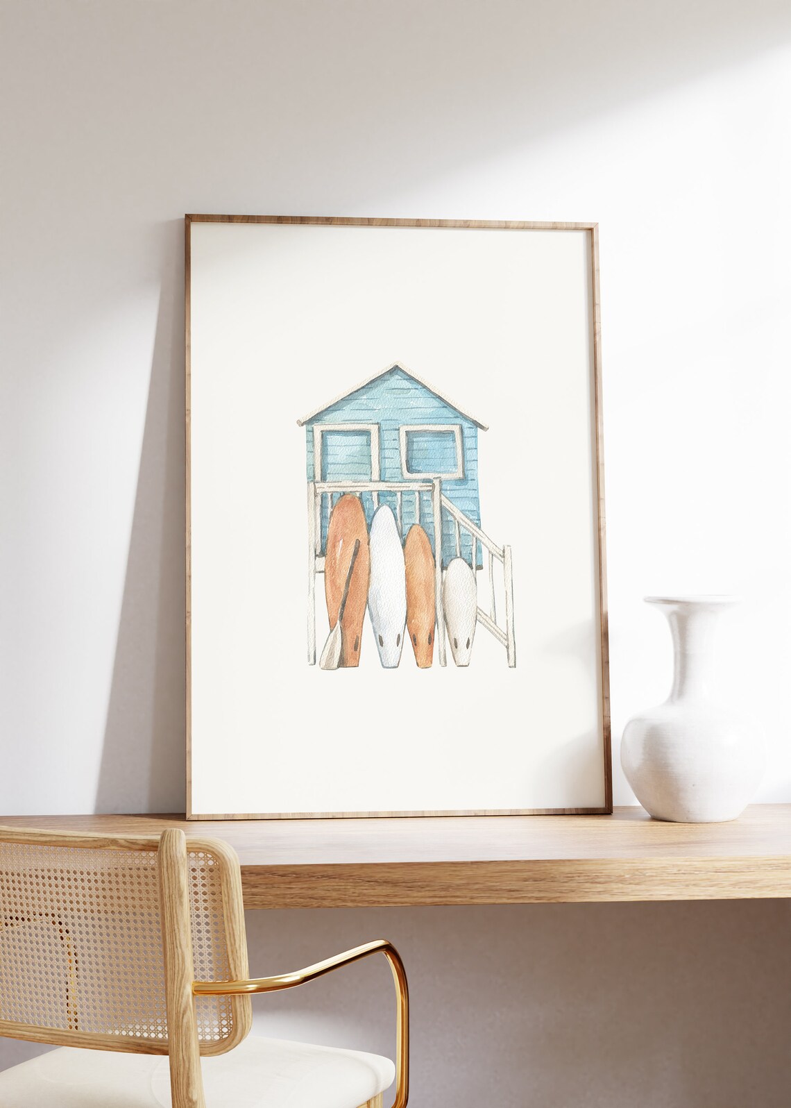 Blue Beach Hut With Surfboards Watercolor Coastal Surf Poster - Image 3