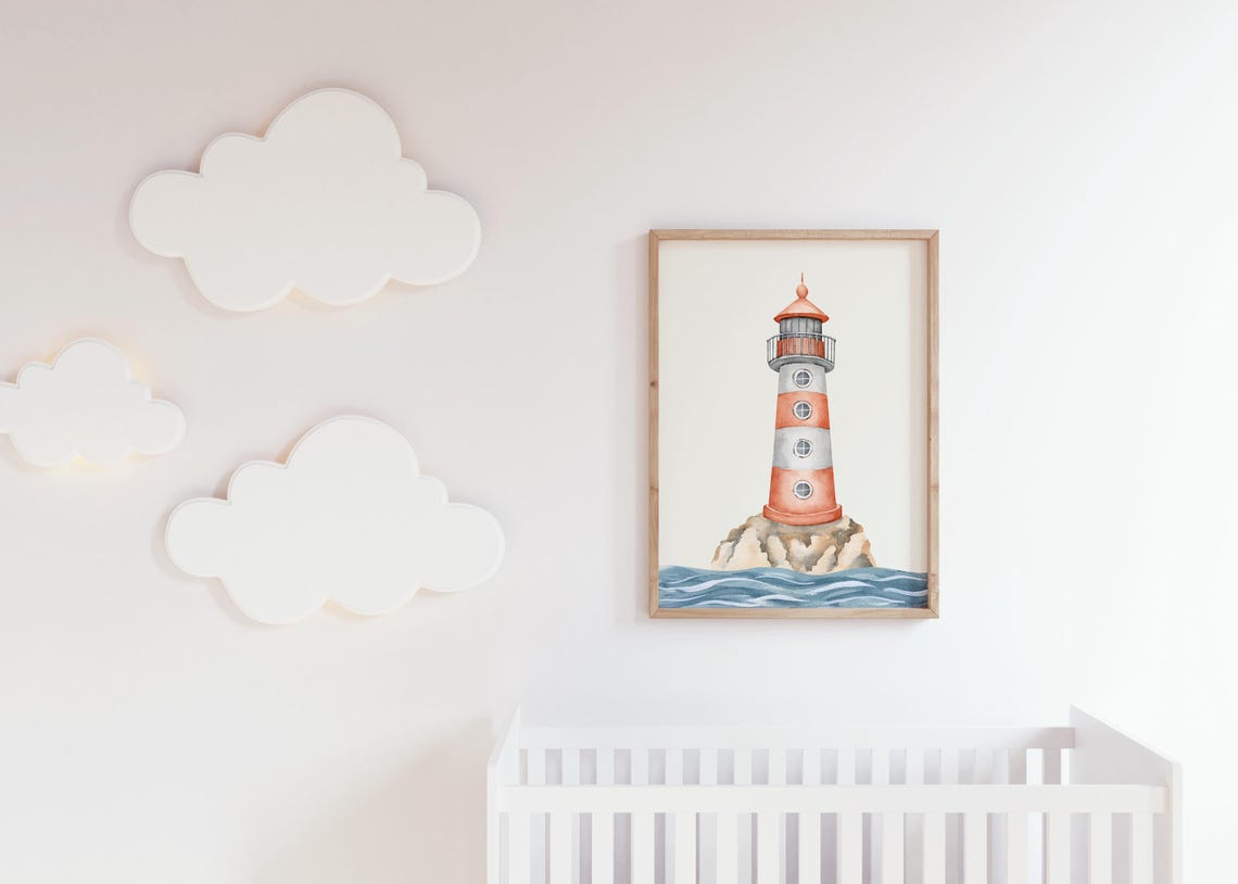 Red and White Striped Lighthouse on Rocky Shore Watercolor Art Poster - Image 2